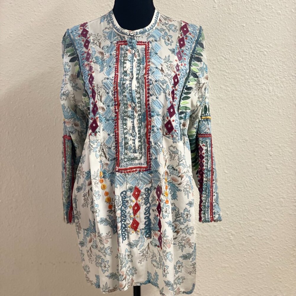 Johnny Was Isla Embroidered Floral-Print Blouse